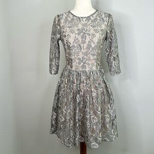 Little Mistress Women's Grey Lace Sheer Party Cocktail Dress